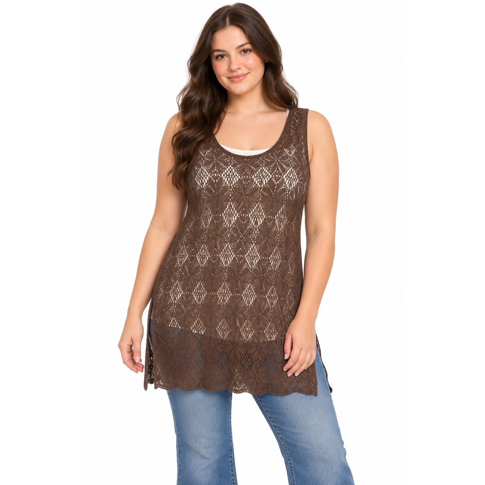 Boho Open Knit Tunic‎ Top L Brown Sheer Sleeveless Lace Fairy Lagenlook Festival